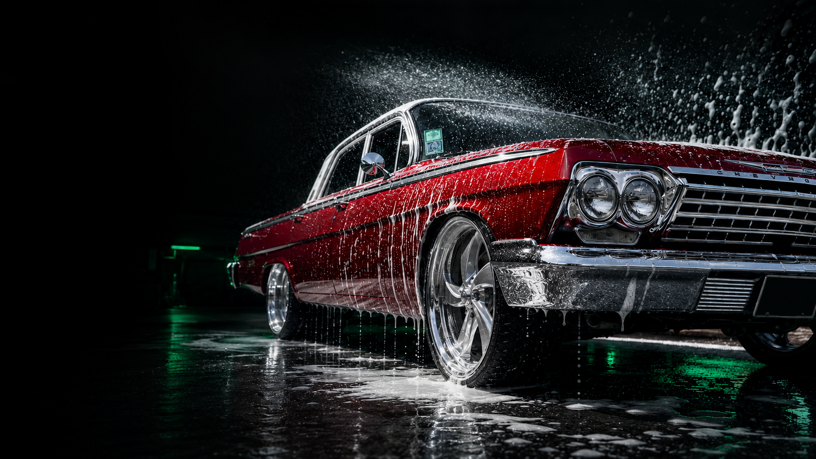 Foamed classic red Chevrolet with chrome detailing